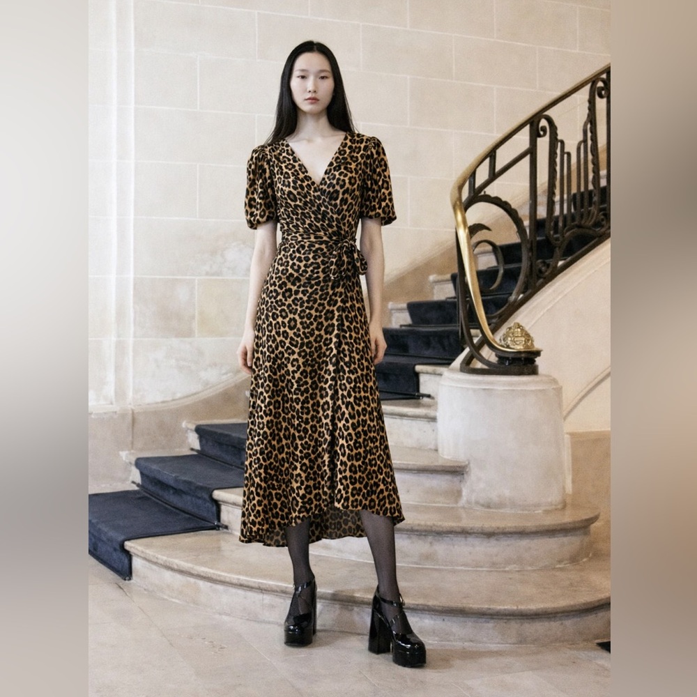 The Kooples Leopard Silk Wrap Midi Dress – Brown / Black – Sz 1